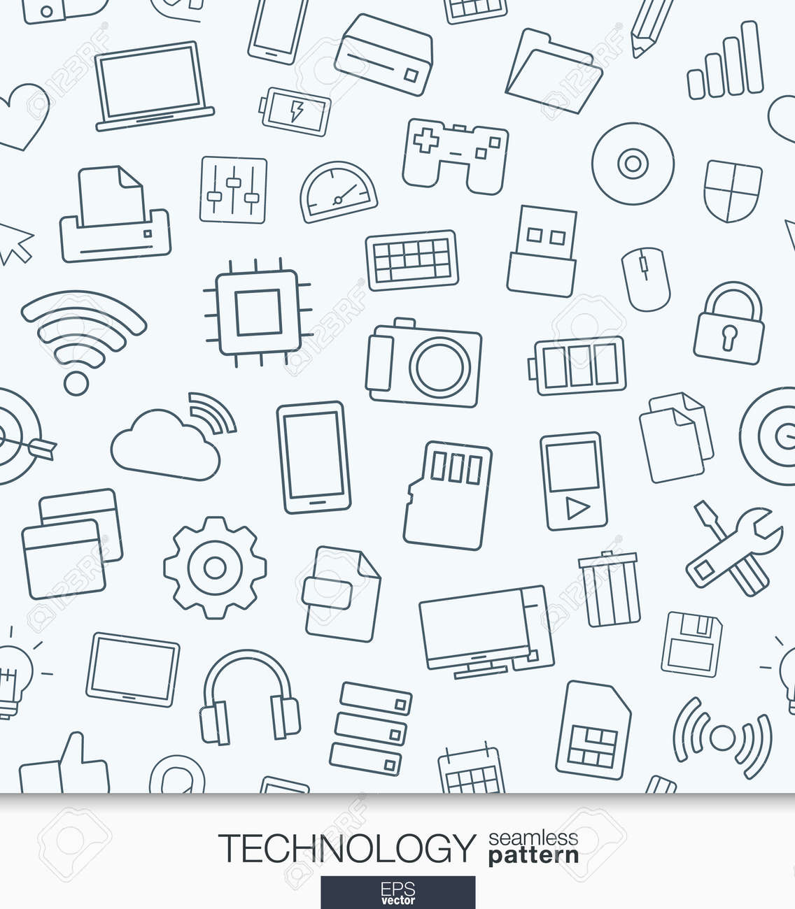 技術の壁紙 黒と白のデジタル シームレス パターン 細い線の Web アイコンを使用してテクスチャーをタイリングを設定します 携帯アプリ ウェブサイト プレゼンテーションの抽象的な背景のイラスト素材 ベクタ Image