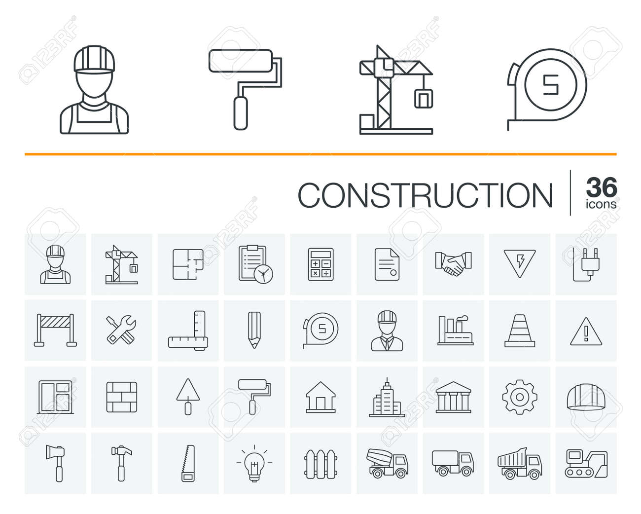 Vector thin line rounded icons set and graphic design elements. Illustration with construction, industrial, architectural, engineering outline symbols. Home repair tools, worker, building pictogram - 53668070 Vector thin line rounded icons set and graphic design elements. Illustration with construction, industrial, architectural, engineering outline symbols. Home repair tools, worker, building pictogram - 53668070