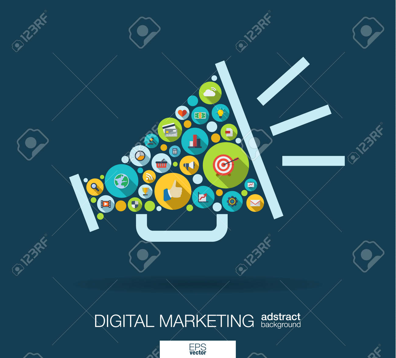 Color circles, flat icons in a speaker shape: digital marketing, social media, network, computer concept. Abstract background with connected objects in integrated group of element. - 53668265 Color circles, flat icons in a speaker shape: digital marketing, social media, network, computer concept. Abstract background with connected objects in integrated group of element. - 53668265