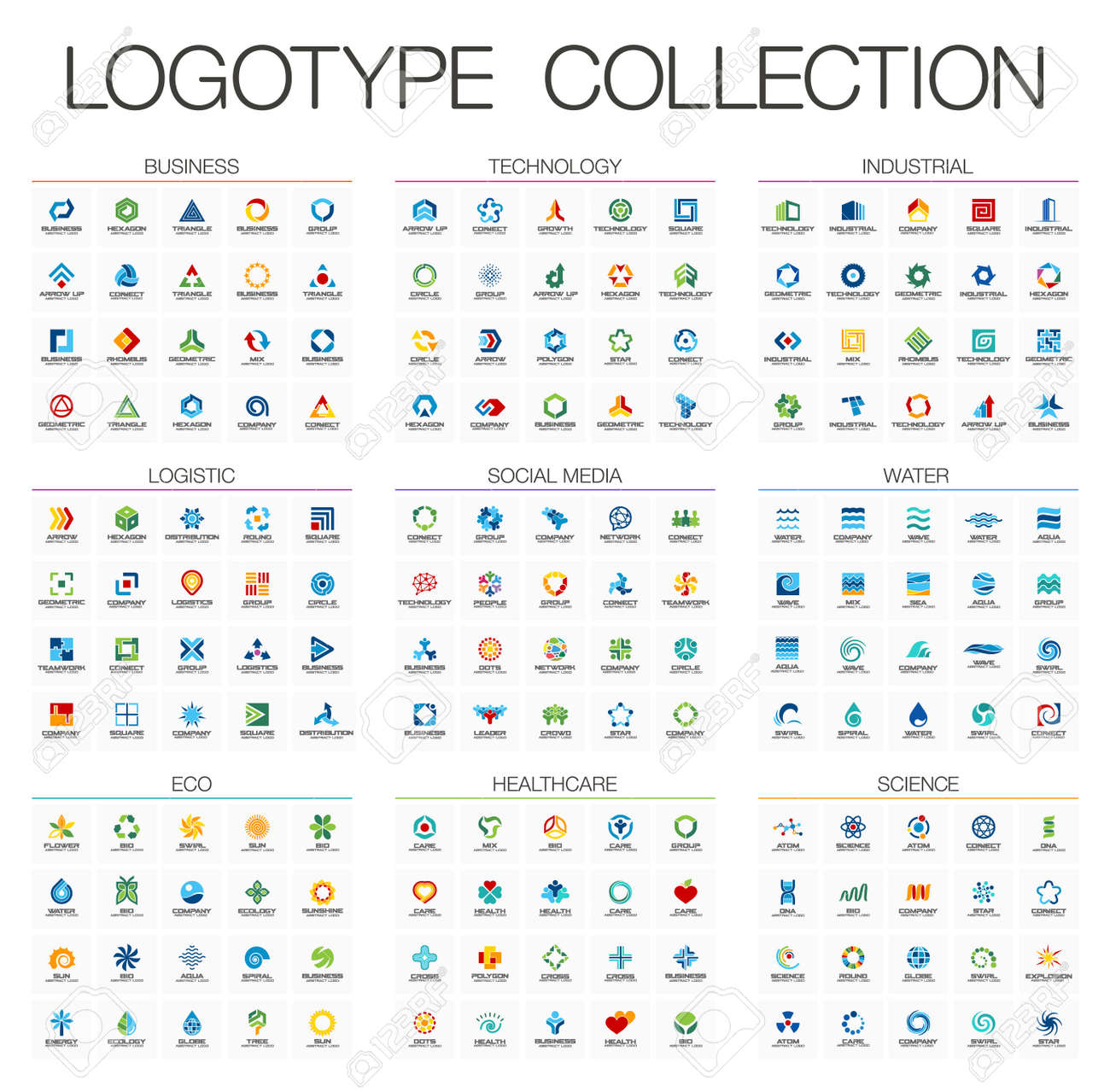Abstract logo set for business company. Corporate identity design elements. Technology, Eco, Science, Healthcare concepts. Industrial, Logistic, Social Media Logotype collection. Colorful Vector icons - 60944509 Abstract logo set for business company. Corporate identity design elements. Technology, Eco, Science, Healthcare concepts. Industrial, Logistic, Social Media Logotype collection. Colorful Vector icons - 60944509