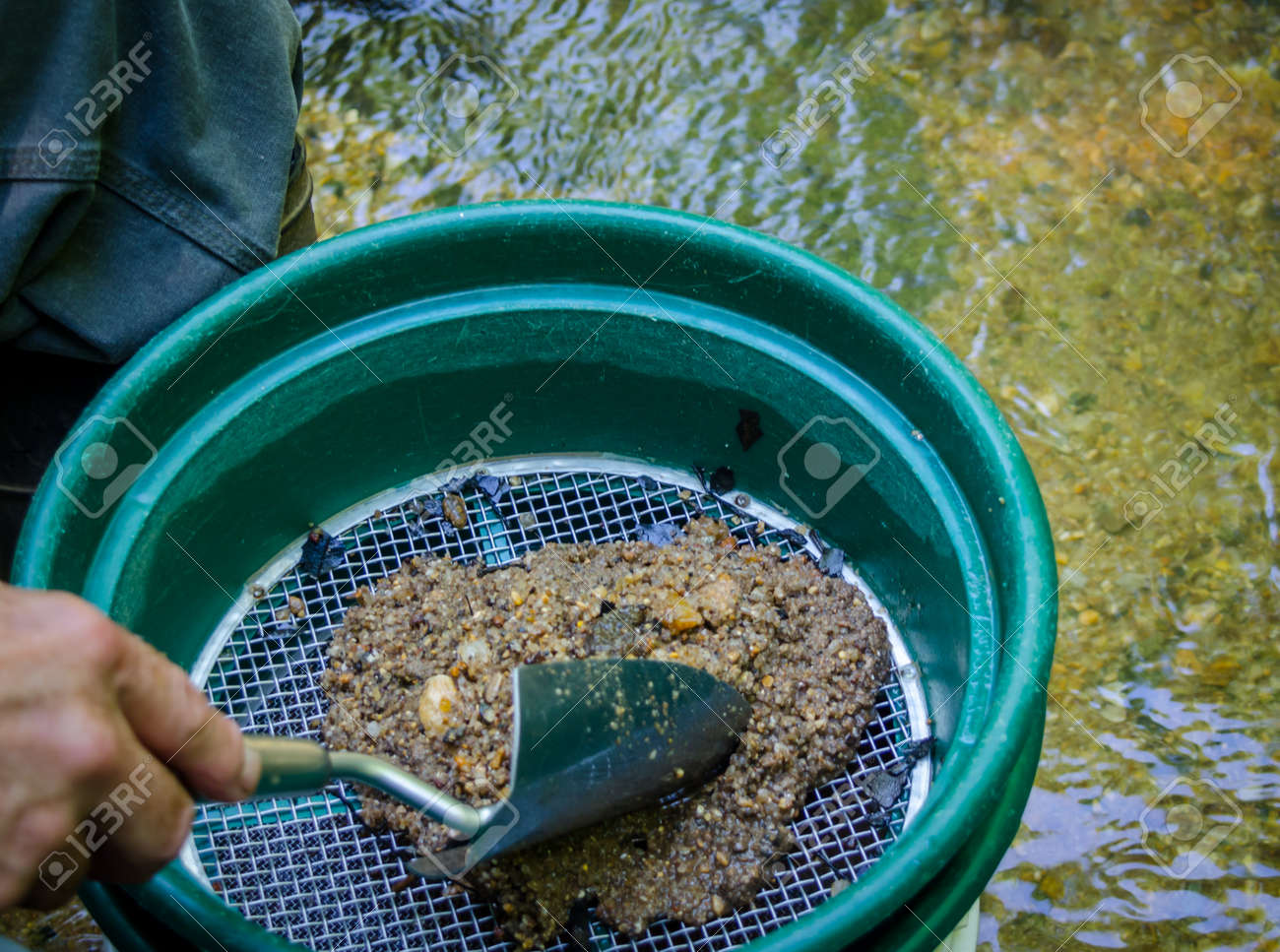Gold Panning And Gem Mining. Classifier Used To Sift Material. Tools Used  For Prospecting And Panning For Gold. Fun And Adventure In This  Recreational Activity. Stock Photo, Picture and Royalty Free Image.