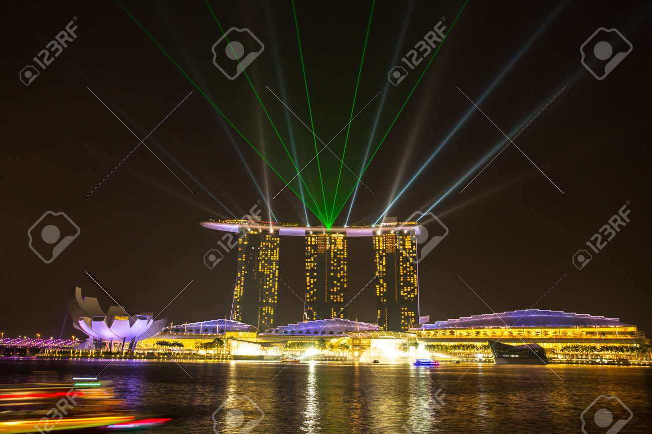 marina bay singapore march 16 2015 night light show area stock