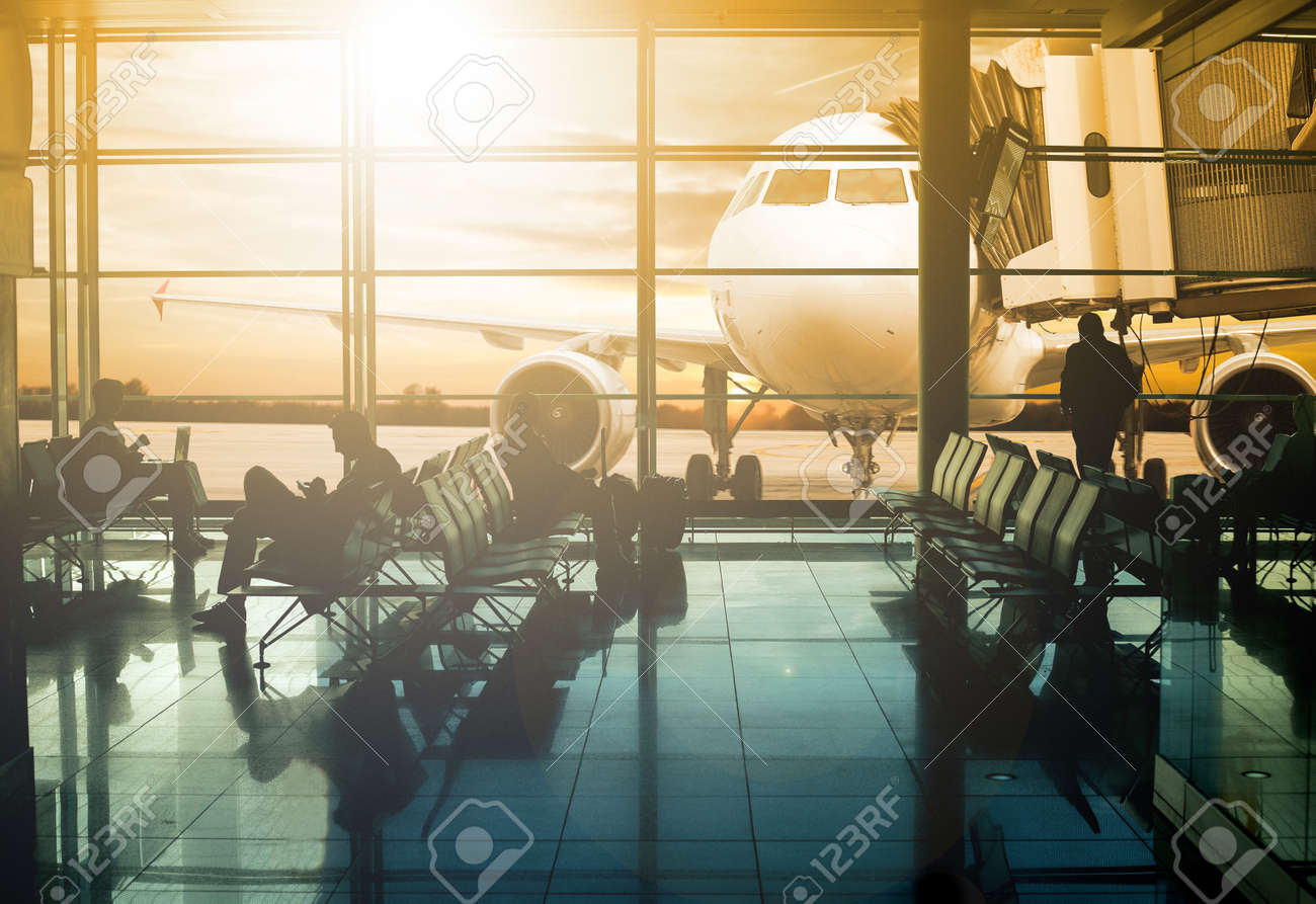 Airport terminal ,passenger wait for transportation with silhouette concept. - 50214976 Airport terminal ,passenger wait for transportation with silhouette concept. - 50214976