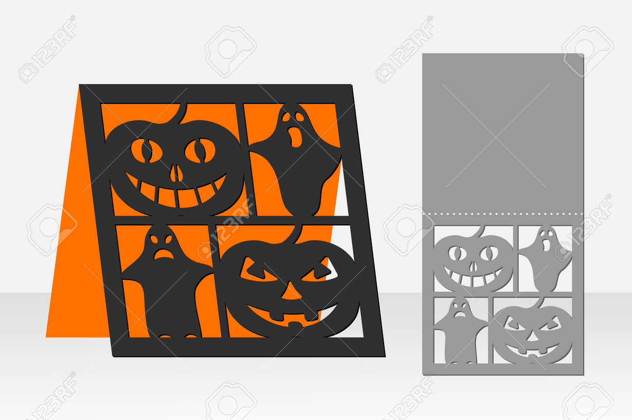 レーザー切断のためカード ハロウィンかぼちゃ シルエット デザイン ベクトルの図 のイラスト素材 ベクタ Image
