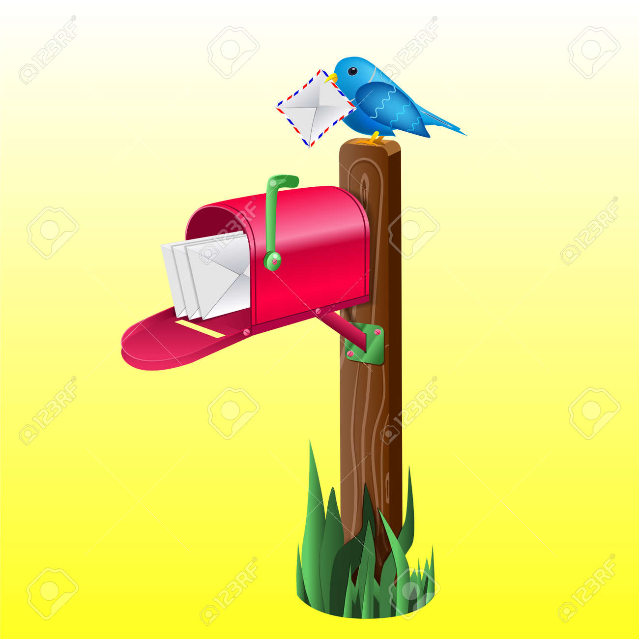 Boîte Aux Lettres Rouge Extérieure Pleine De Lettres Poteau En Bois Lherbe Verte Et Bleu Petit Oiseau Tenant Une Enveloppe