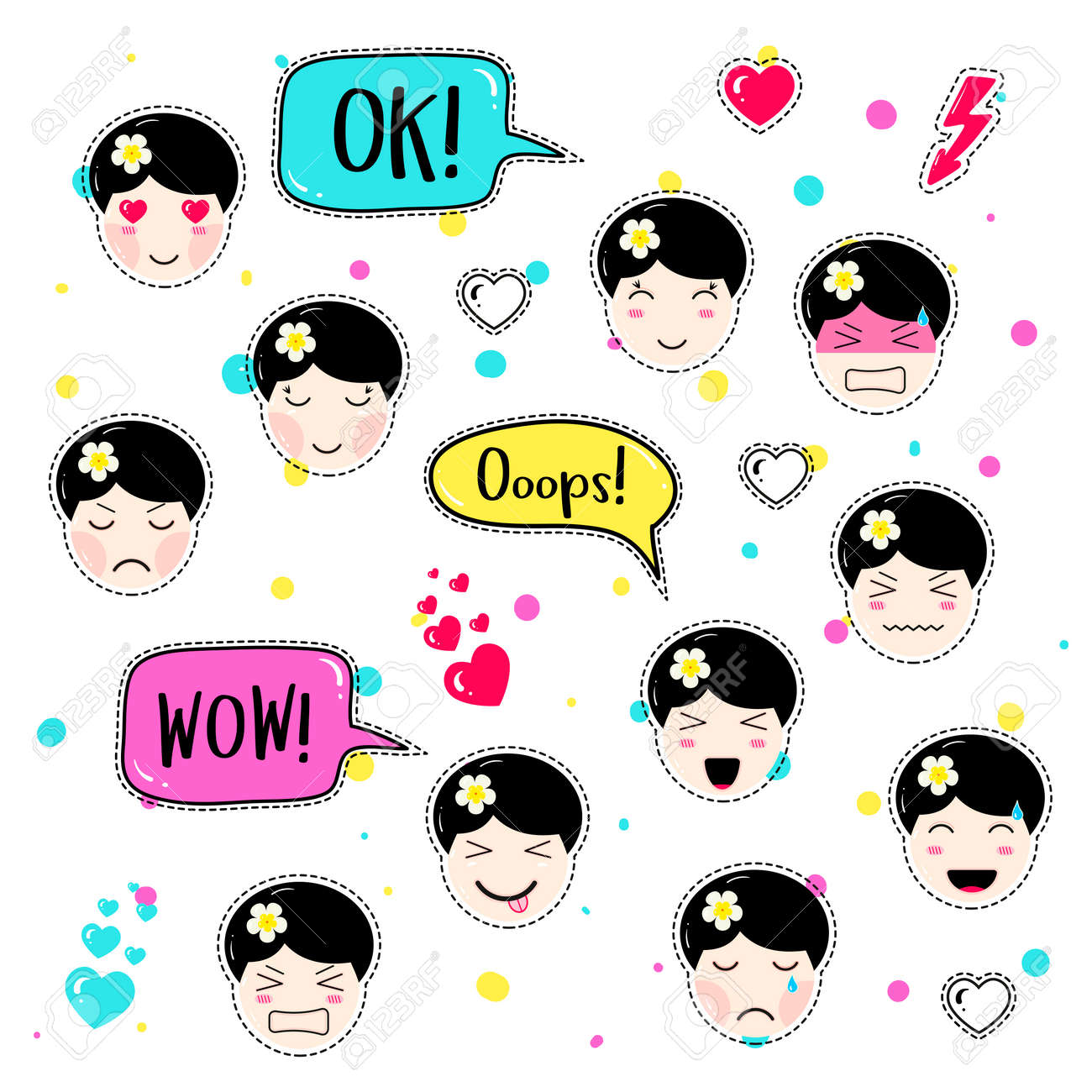 Set Of Cute Patch Badges Girl Emoji With Different Emotions