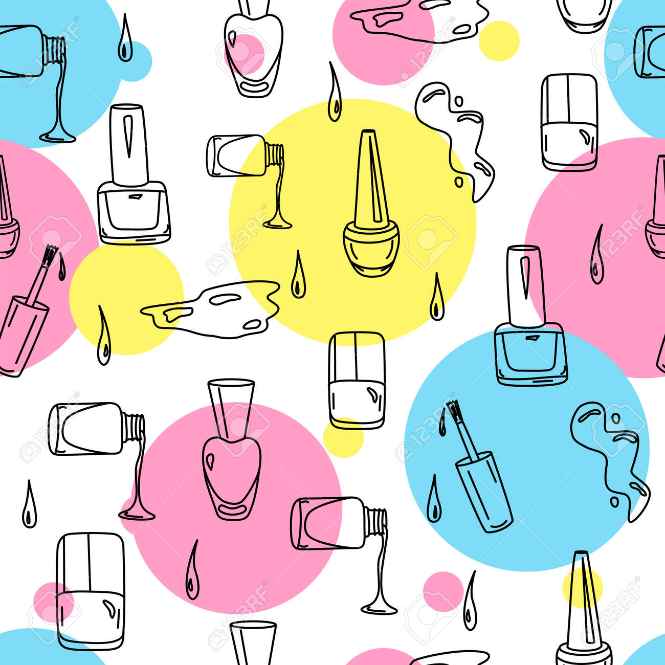 ビューティー サロンのマニキュアの手描きがいたずら書き 大ざっぱなマニキュアでペイント シームレス パターンの瓶 こぼれ そしてカラフルな円に値下がりしました ネイル バーの化粧品 マニキュアの背景のイラスト素材 ベクタ Image
