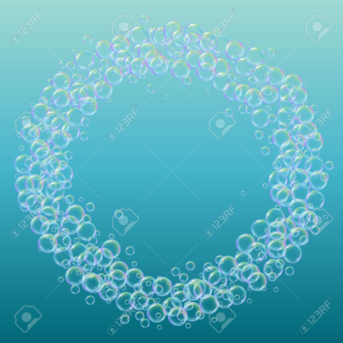 グラデーションの背景にシャンプーの泡 リアルな水泡3d シャンプーとクールな虹色の液体フォーム 化粧品のチラシと招待 バスとシャワーのための石鹸の泡を掃除します のイラスト素材 ベクタ Image