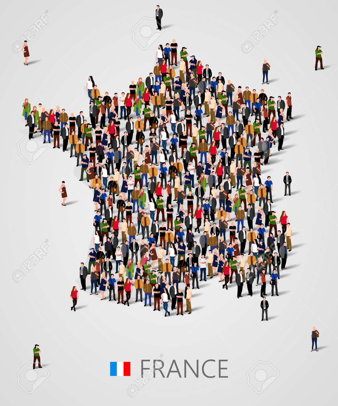 フランス地図の形で人々 の大規模なグループ。フランスや人口統計のテンプレートの人口。のイラスト素材・ベクター Image 74888295