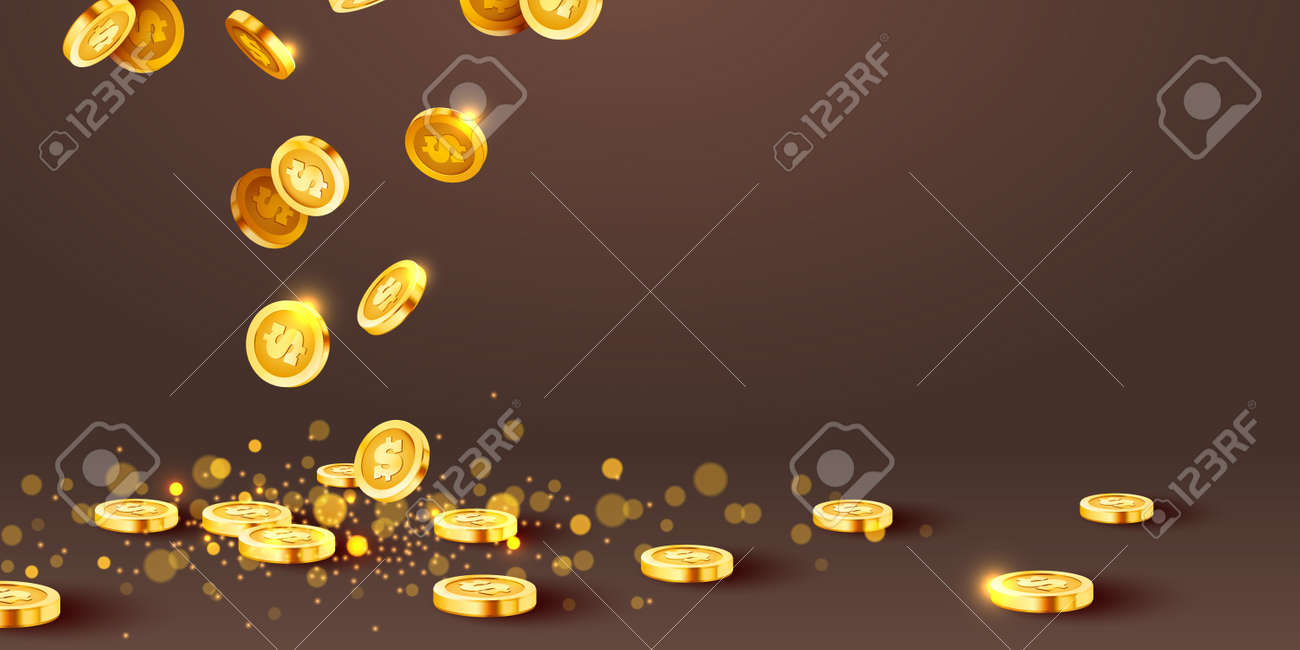 落下するコイン、落下するお金、飛んでいる金貨、金色の雨。ジャックポットまたは成功の概念。モダンな背景。のイラスト素材・ベクター Image  177450057