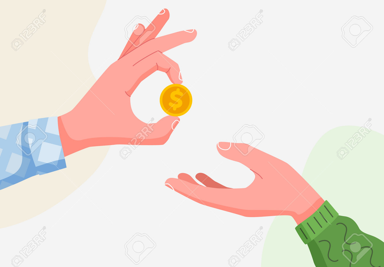 A Hand Holds A Coin And Gives It To Another Salary Charity And Finance  Concept Modern Flat Style Isolated On White Background 로열티 무료 사진, 그림, 이미지  그리고 스톡포토그래피. Image 207630677