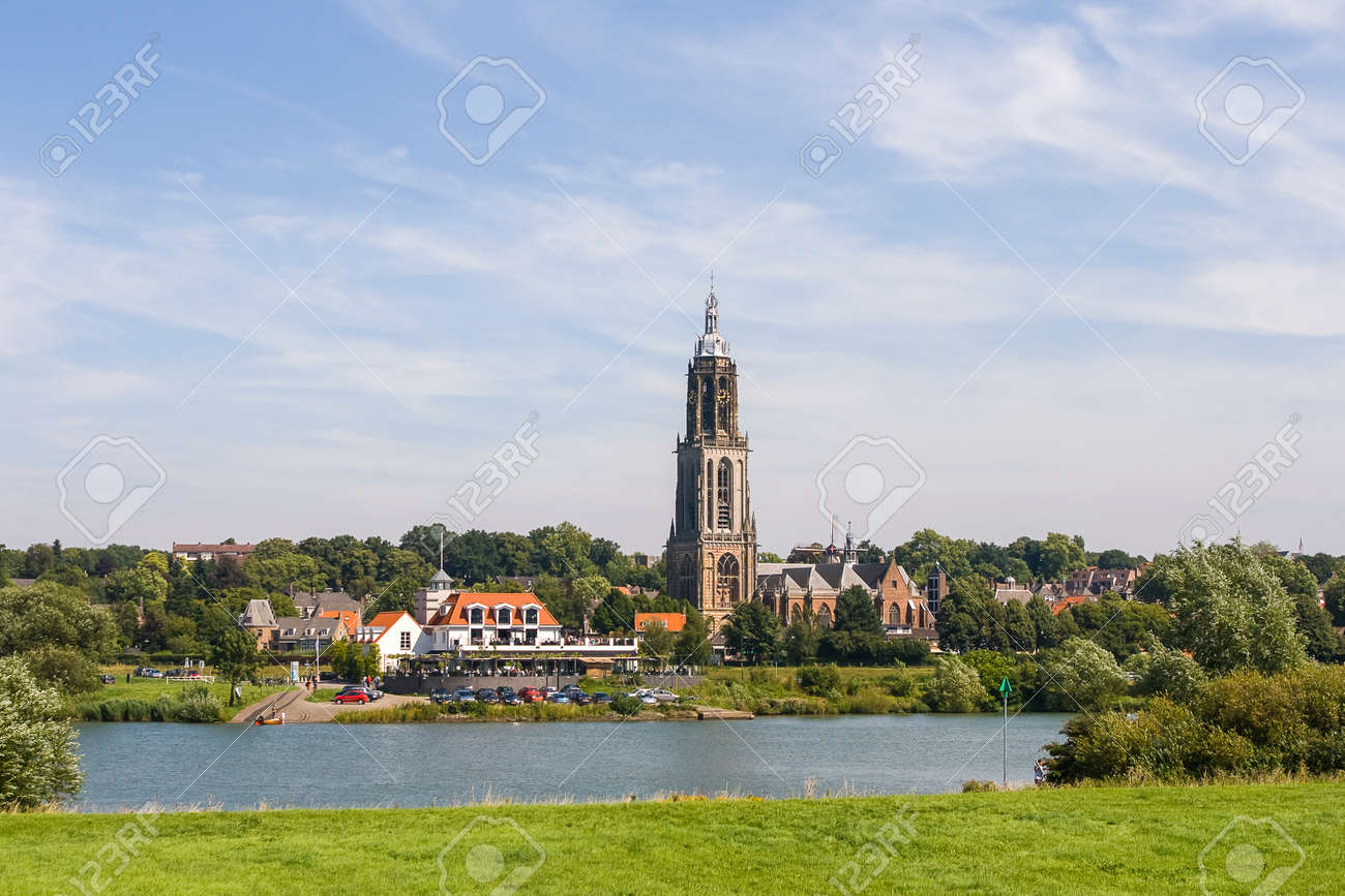dutch landscape with town of rhenen and river rhine stock photo