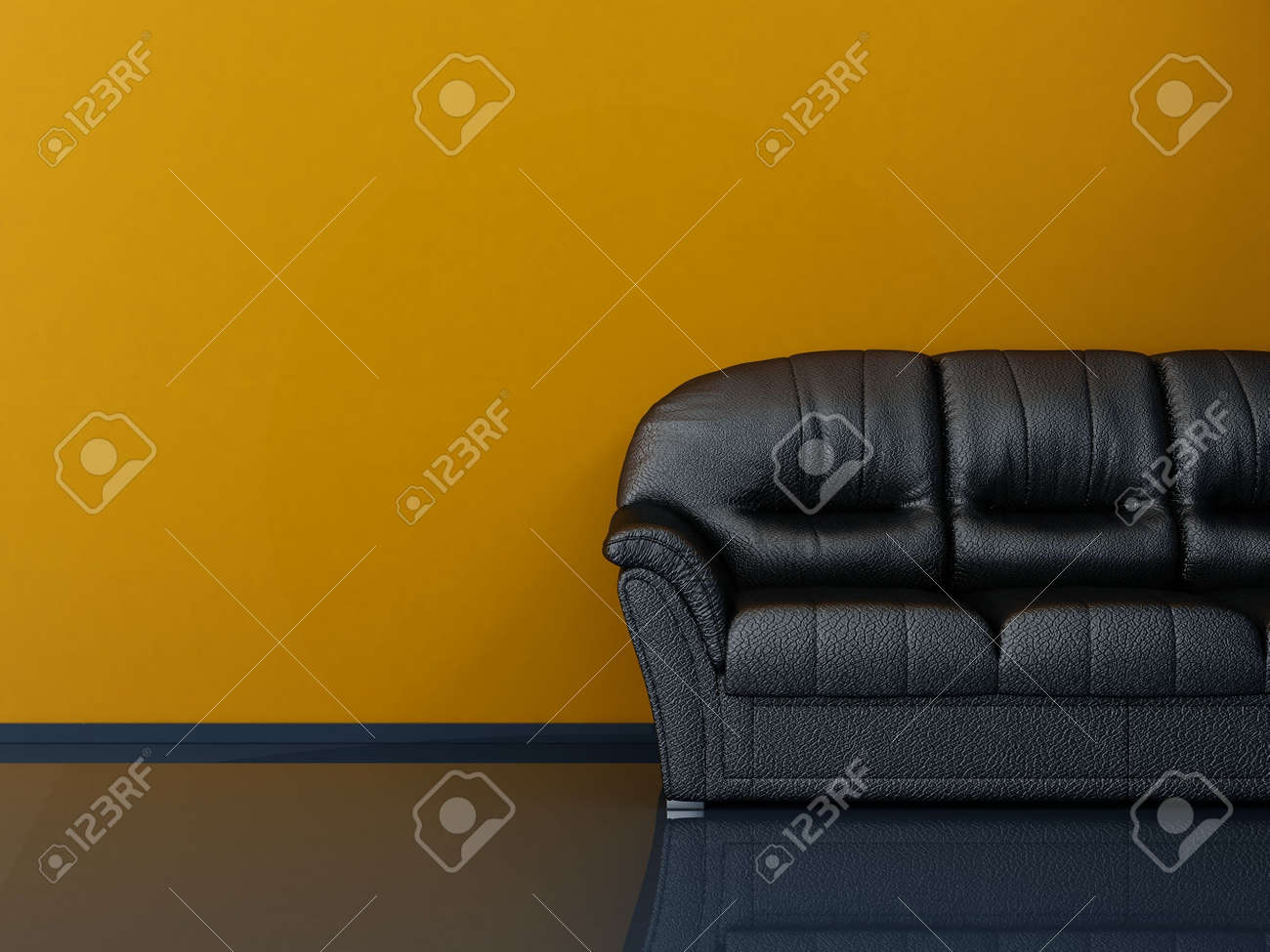 Black Leather Couch To Face A Blank Yellow Wall - With Stone Floor Stock Photo - Black Leather Couch To Face A Blank Yellow Wall - With Stone Floor Stock Photo -