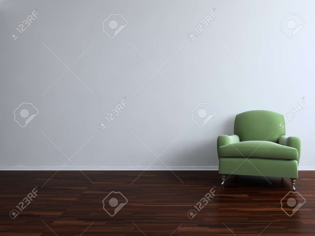 Green Chair to face a blank white wall - with parquet - right side of view - 5594368 Green Chair to face a blank white wall - with parquet - right side of view - 5594368