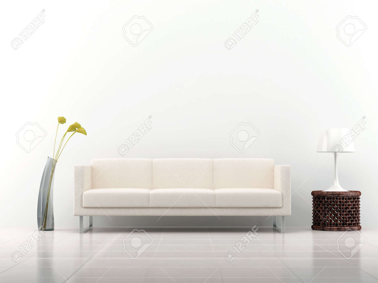 White leather Couch to face a blank white wall - with rack and vase - front view - 5594372 White leather Couch to face a blank white wall - with rack and vase - front view - 5594372