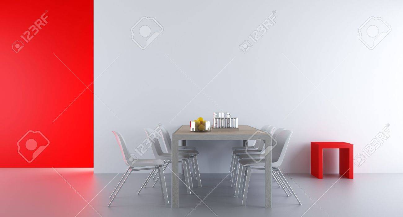 Four Chairs an table to face a white blank wall, with red rack - 5688340 Four Chairs an table to face a white blank wall, with red rack - 5688340