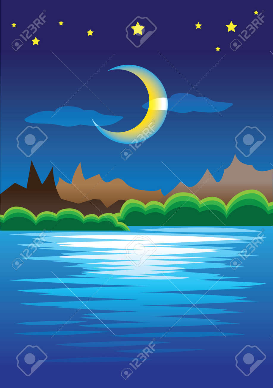 ムーンライト湖の水に映ると山周辺の夜景のイラスト素材 ベクタ