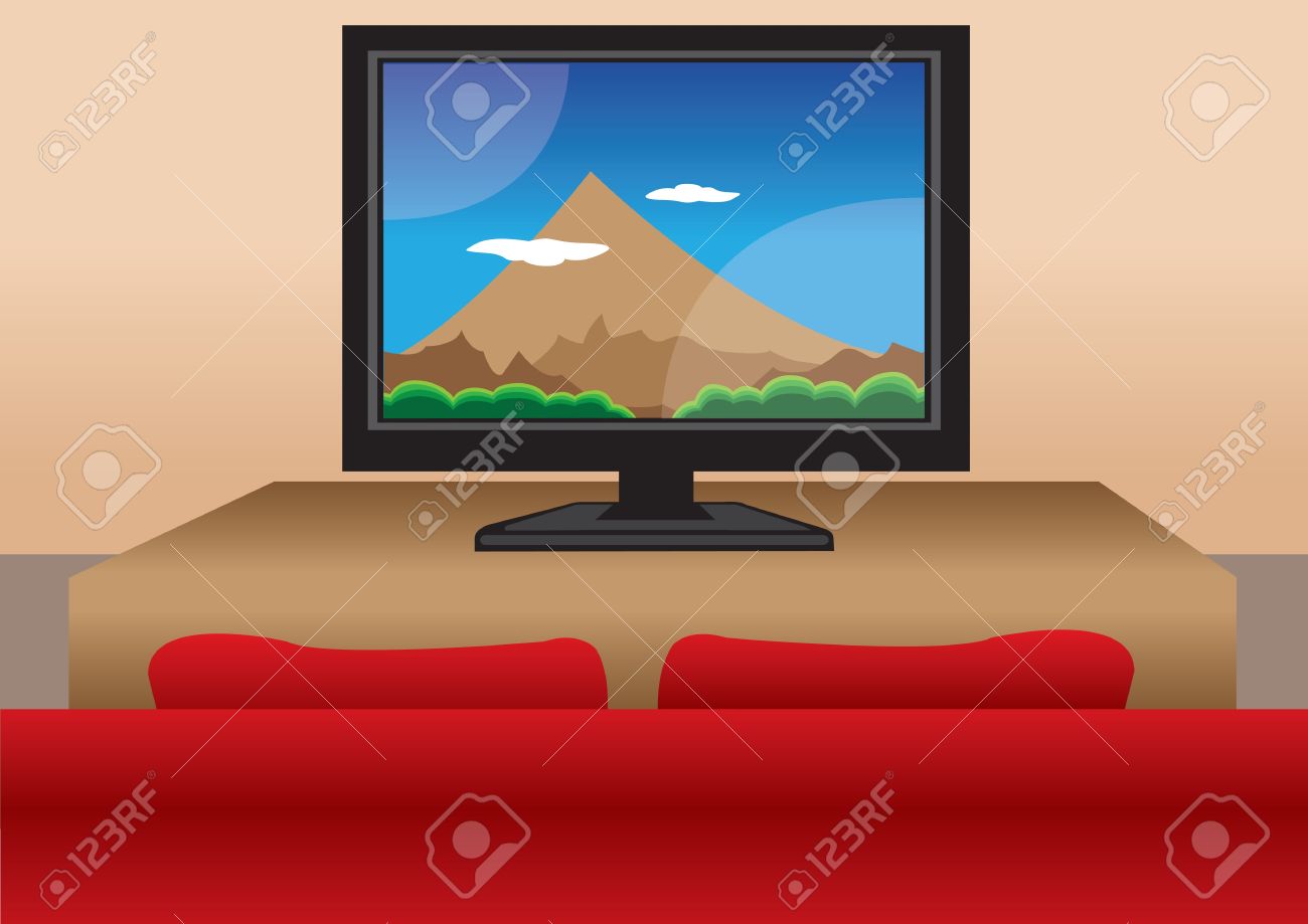 Big Tv Screen With A Red Sofa In The Living Room Royalty Free Cliparts Vectors And Stock Illustration Image 15100153
