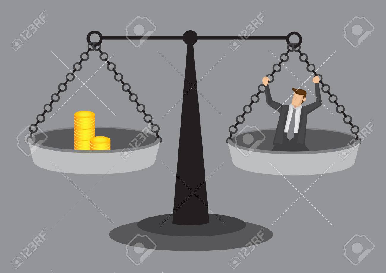 ビジネスマンおよびビーム  スケールに均等に分散の黄金のコイン。コストと追加の人的資源のための利点の重量を量る概念ベクトルのイラスト。のイラスト素材・ベクター Image  34398335