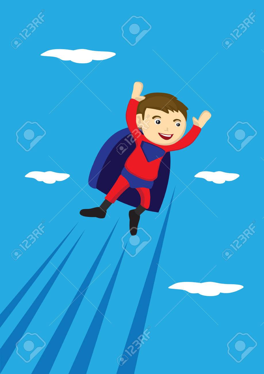 空を飛んでいるケープ付き赤と青のスーパー ヒーローの衣装を着ている若い男の子のベクトル漫画イラストのイラスト素材 ベクタ Image