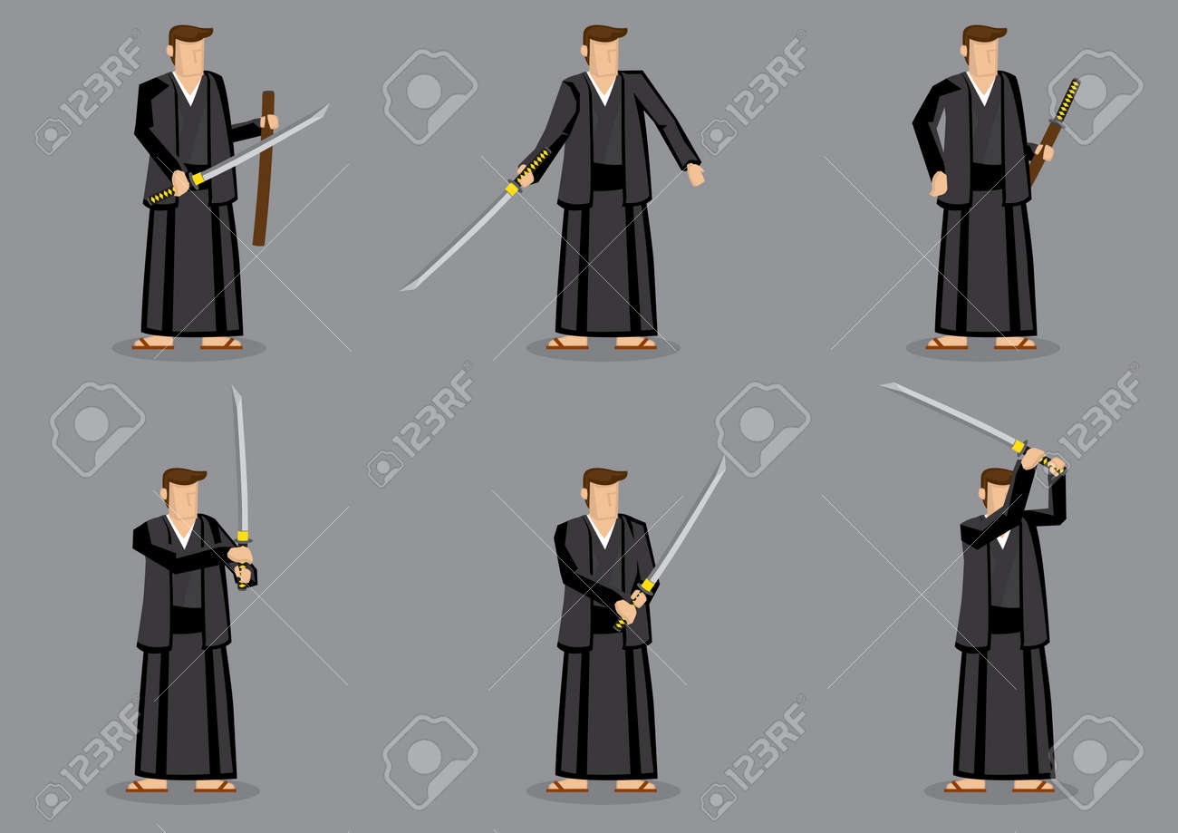 日本の伝統的な衣装と靴を着て サムライの刀を手で保持して漫画男の六つのベクトル イラストのセットです のイラスト素材 ベクタ Image