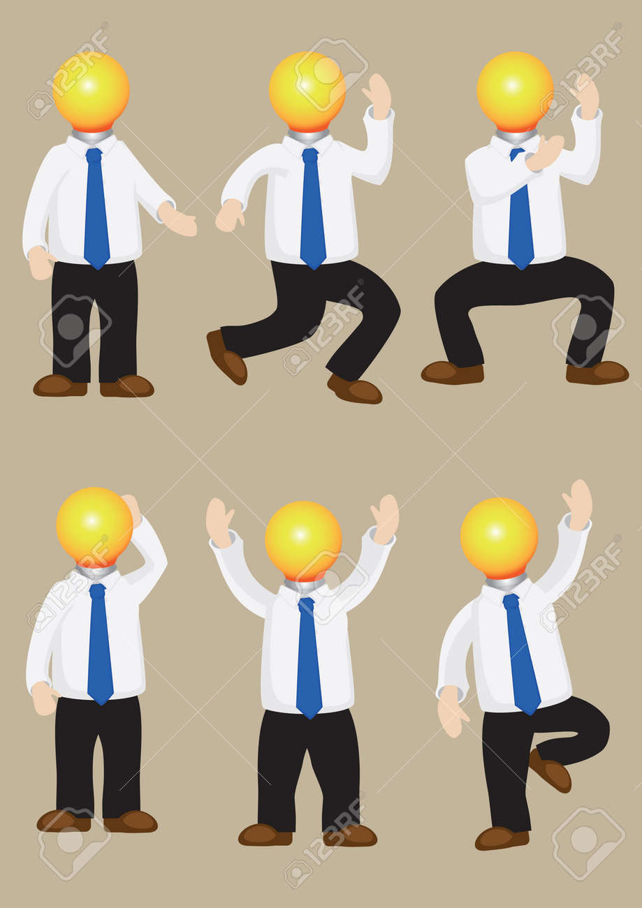 白い長袖シャツと彼の頭として電球と黒のズボンを身に着けている漫画男のイラストのセット 明るいアイデアと創造性 機知に富んだ男性のためのコンセプト の イラスト素材 ベクタ Image