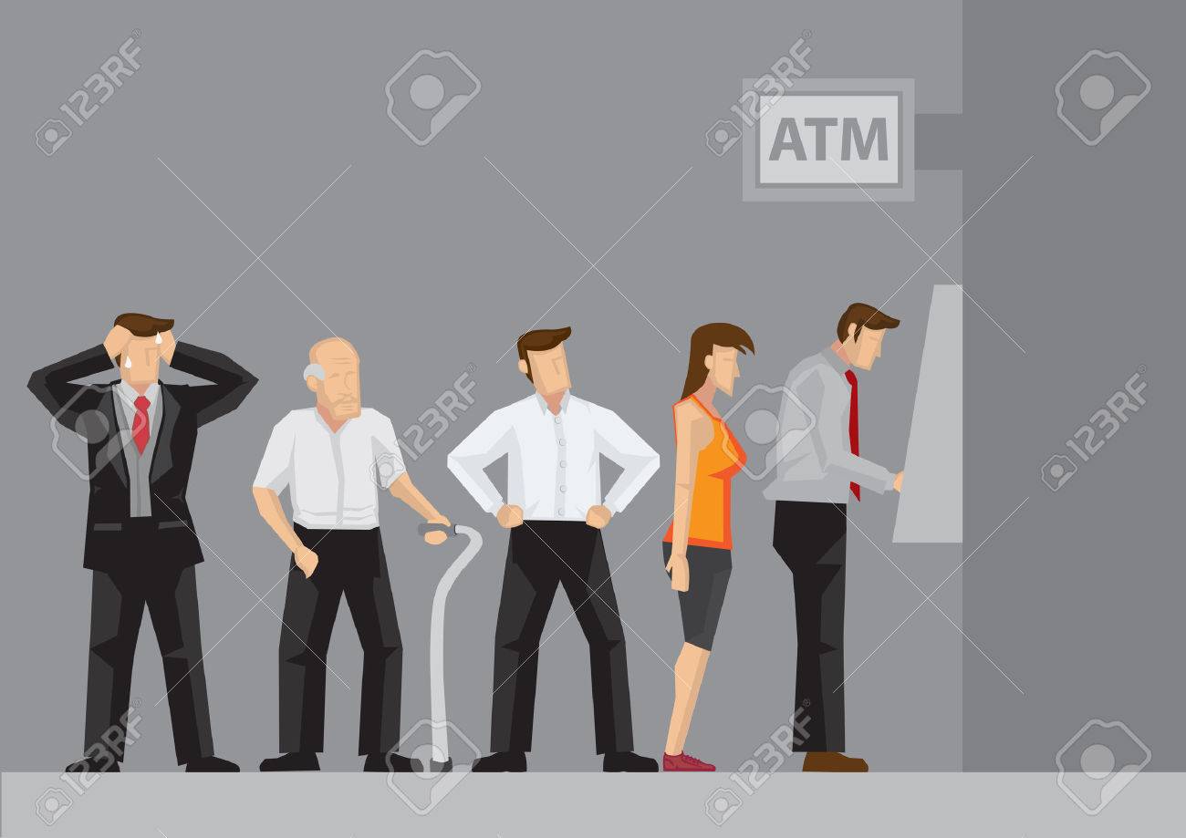 若いとセルフ サービス現金自動預け払い機からお金を描画するラインで待っている老人 漫画ベクトル図灰色の背景に分離されました のイラスト素材 ベクタ Image