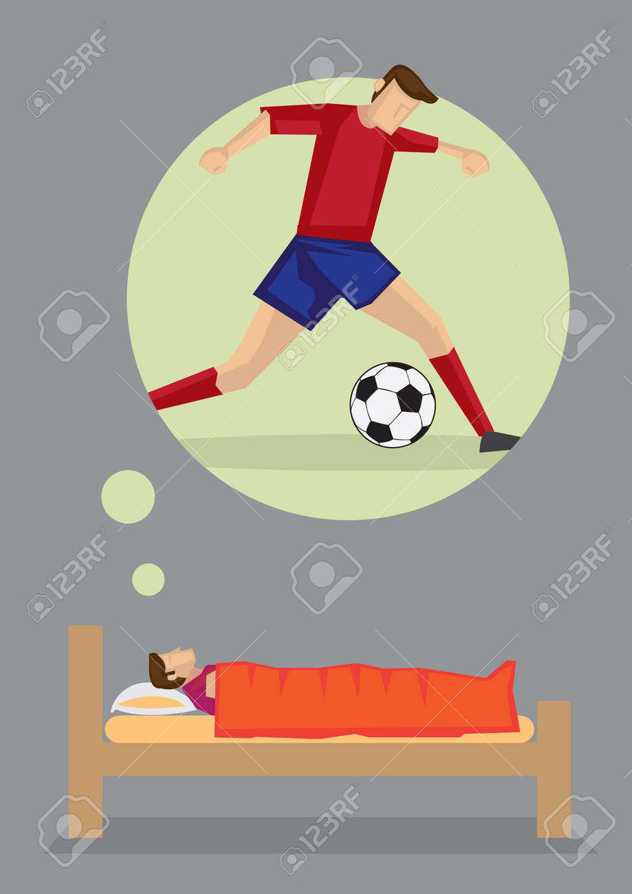 漫画の男がサッカー選手になることについて考える彼のベッドの上に横たわる 夢と灰色の背景に分離された吸引の概念ベクトル イラスト のイラスト素材 ベクタ Image