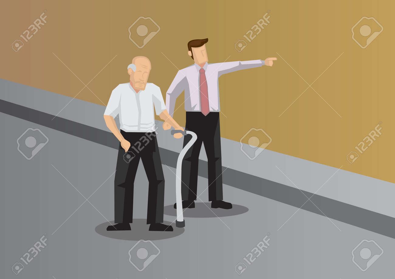Kind young man showing the way to elderly with walking aid. Vector illustration for helping and kindness concept. - 110167921 Kind young man showing the way to elderly with walking aid. Vector illustration for helping and kindness concept. - 110167921