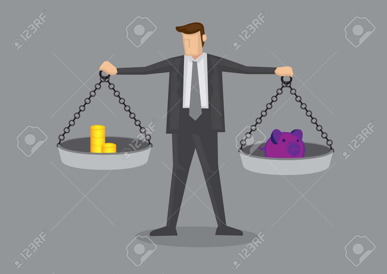 Cartoon businessman holding weighing scales with gold coins on one side and piggy bank on the other. Creative vector illustration on business financial concept. - 145463350 Cartoon businessman holding weighing scales with gold coins on one side and piggy bank on the other. Creative vector illustration on business financial concept. - 145463350