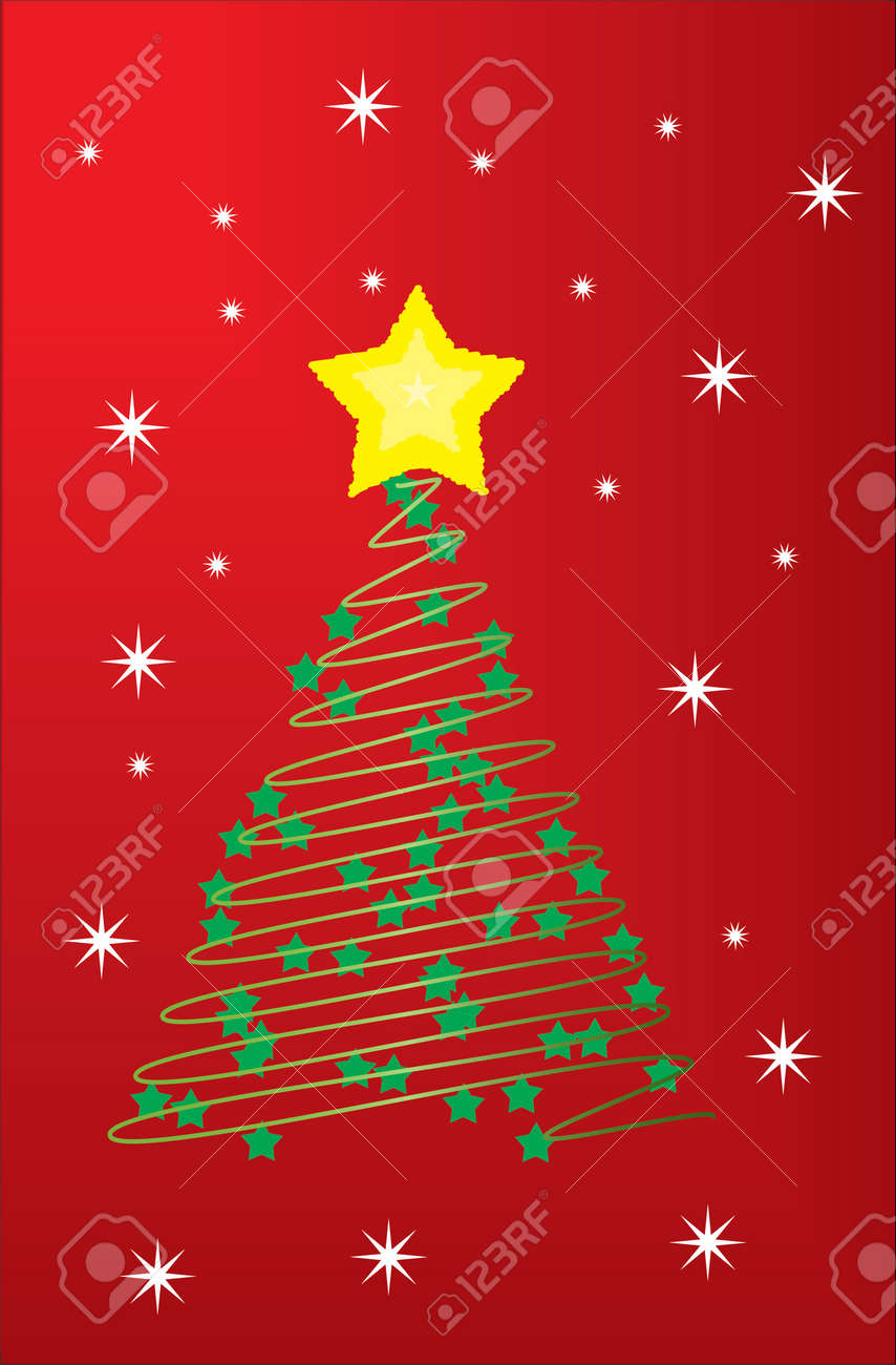 星と赤の背景に雪の結晶のクリスマス ツリーのイラスト素材 ベクタ Image