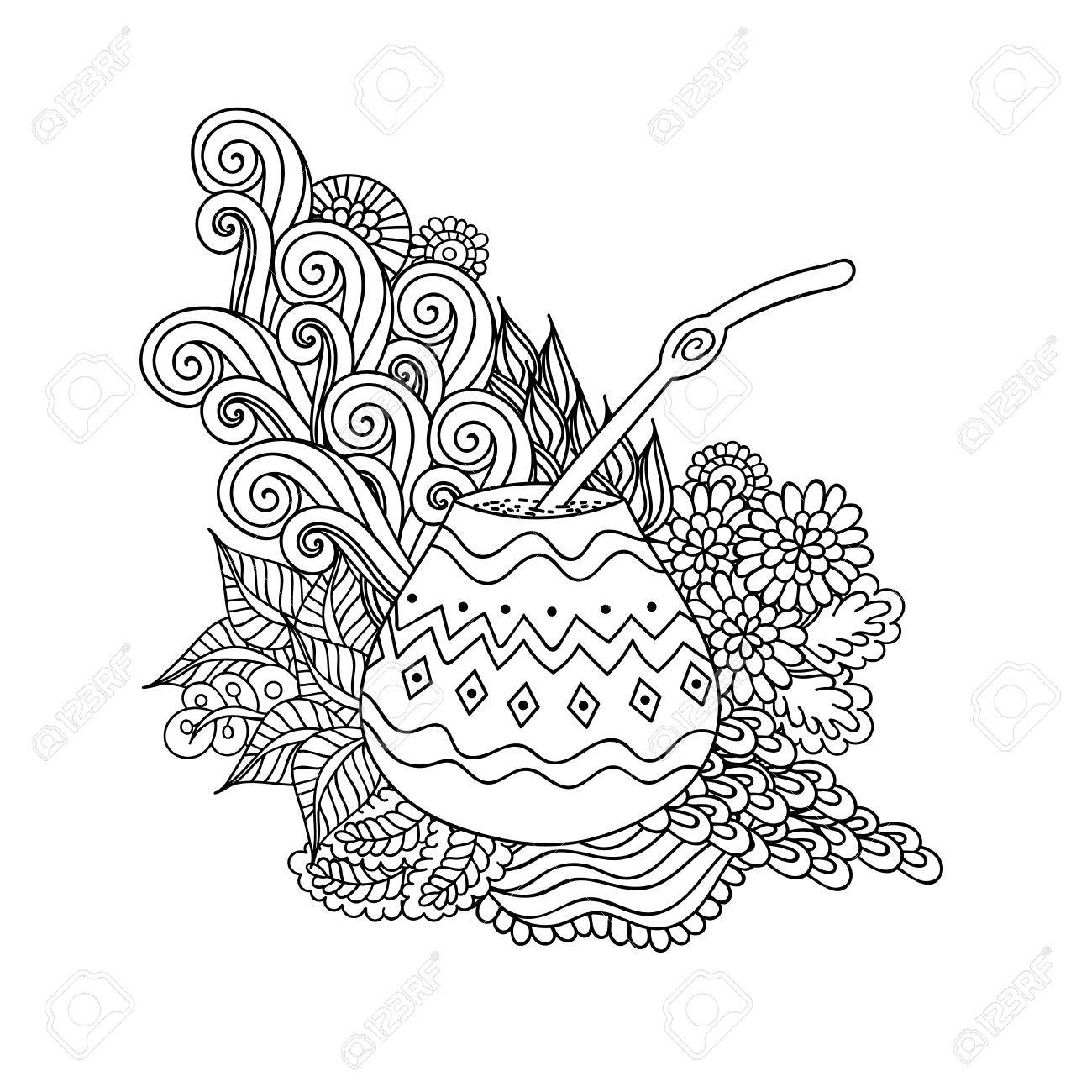 花波とストロー ひょうたんマテ茶は落書きのパターンです 手黒と白のイラストを描かれました の写真素材 画像素材 Image 66710635