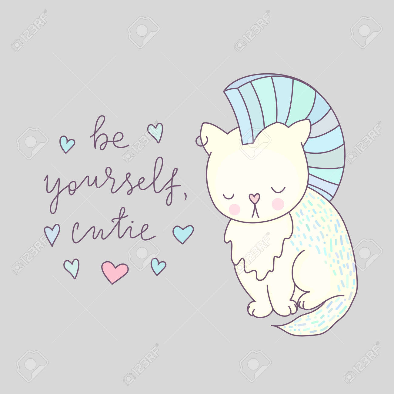 かわいい猫ベクトルイラスト あなた自身である レタリング 動物の描画 青い 髪を持つ白い子猫 グリーティングカード Tシャツのデザインなどのための漫画のキャラクター のイラスト素材 ベクタ Image