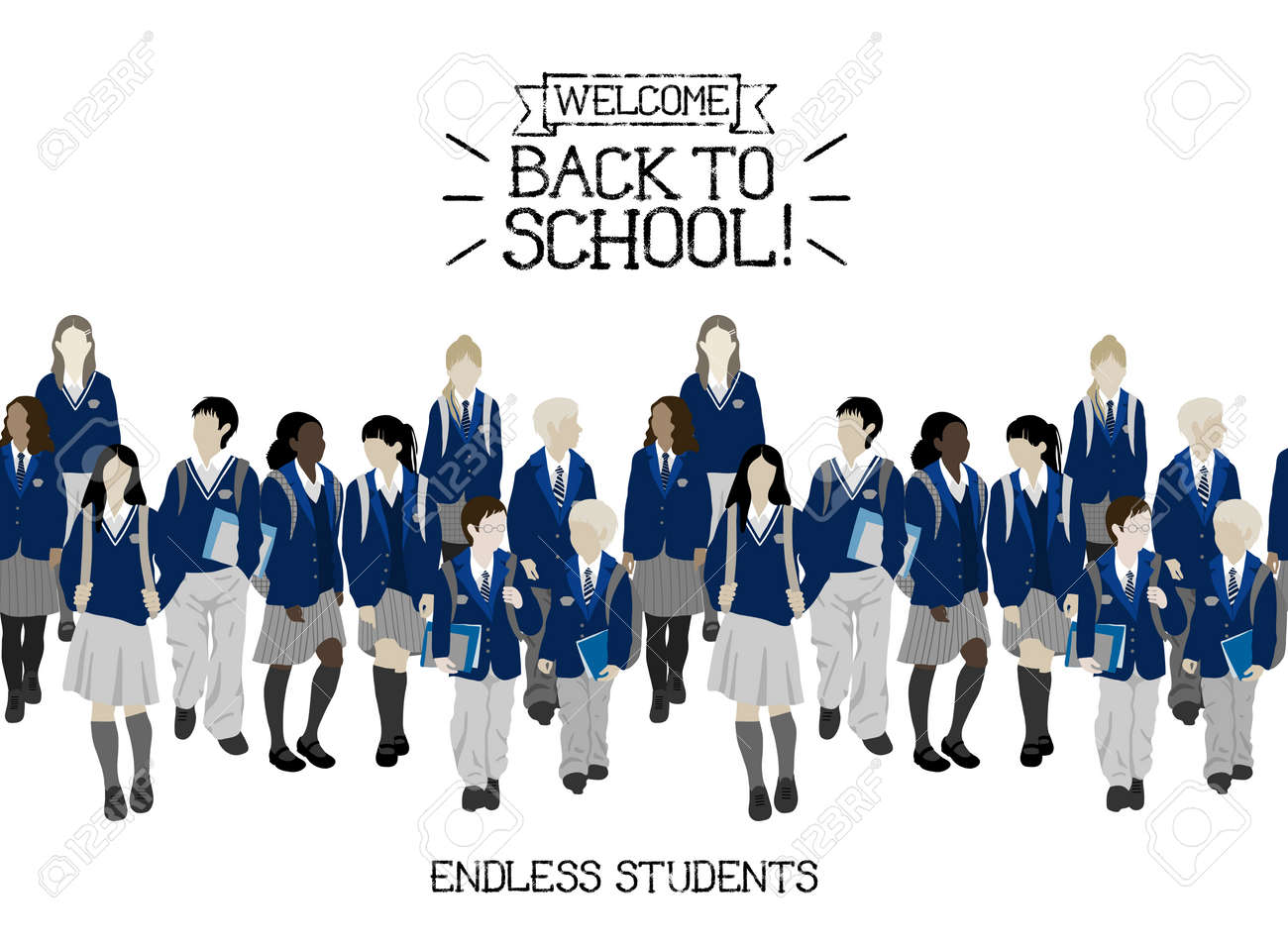 高と小学校からの学生のグループです 男の子と女の子が学校に行きます シームレスな境界線 のイラスト素材 ベクタ Image