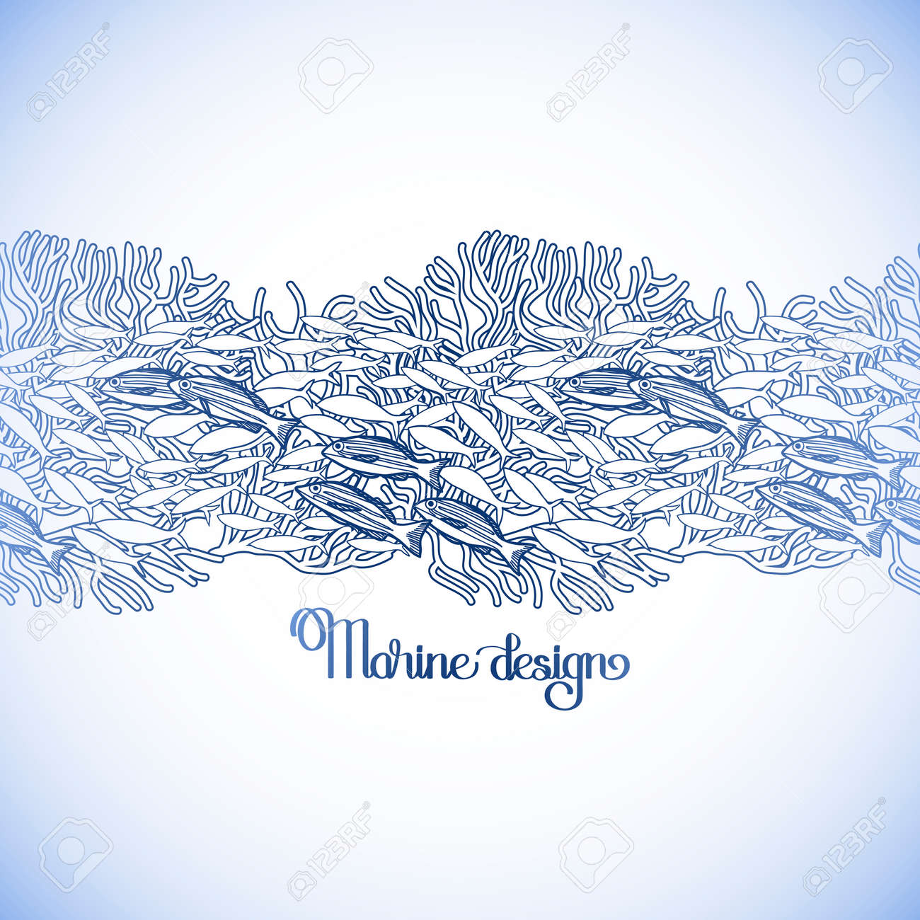 Vintage Graphic Card With Ocean Fish And Corals Marine Border
