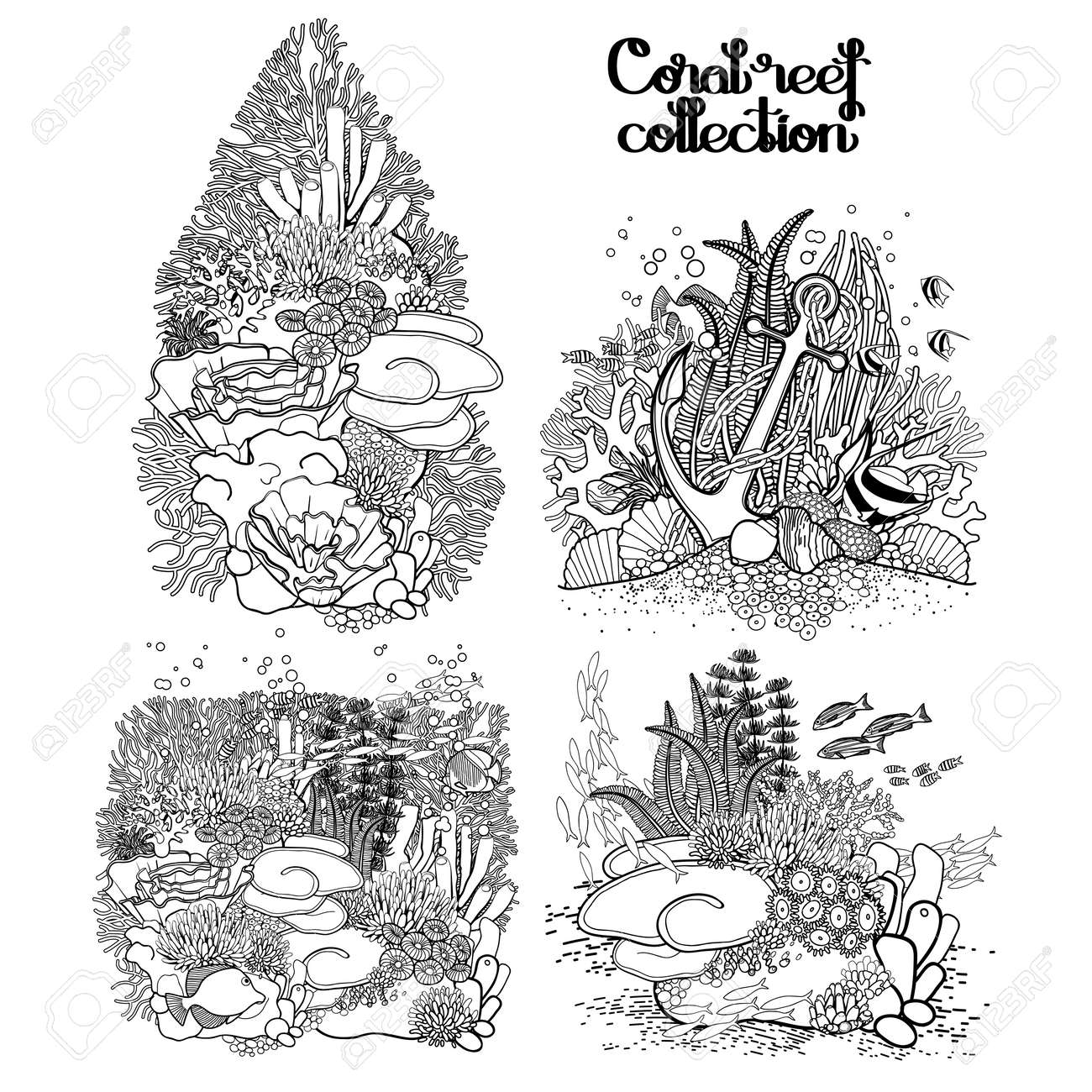 Coral Reef Collection In Line Art Style Sea And Ocean Plants And Rocks Isolated On White Coloring Page Design Royalty Free Cliparts Vectors And Stock Illustration Image 56286978