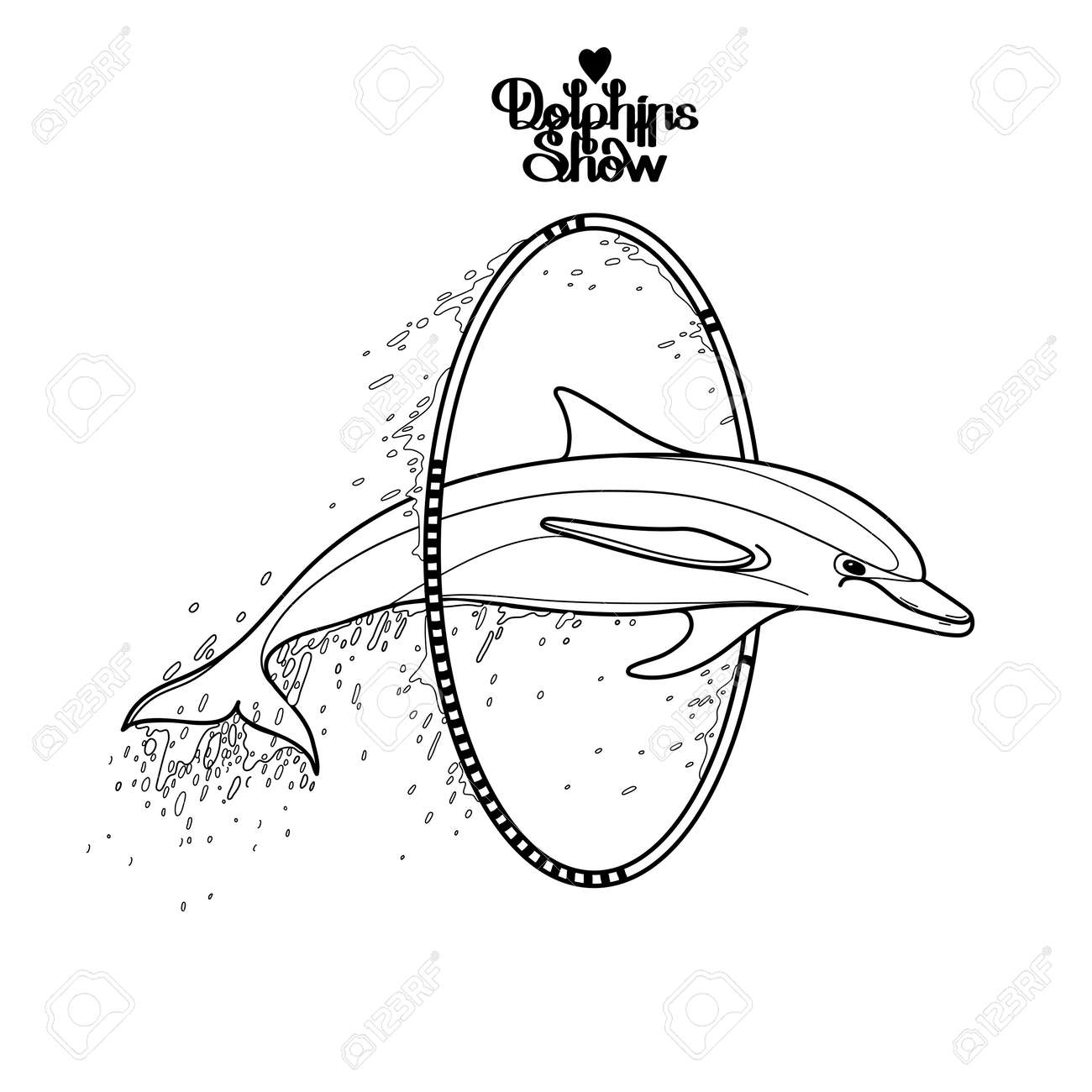Dauphin Graphique Sauter à Travers Un Cerceau La Performance De Leau Dété Mer Et Vecteur Océan Créatures Aux Couleurs Noir Et Blanc Vector Isolé