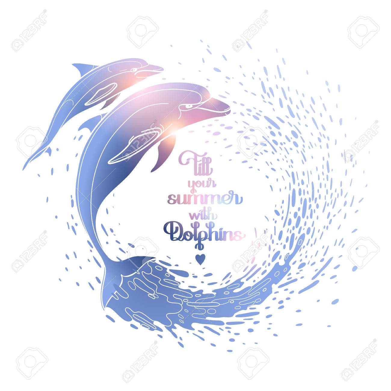 水滴の円でグラフィックのイルカ 夏気分 ベクトル アートは 白い背景で隔離 ピンクとブルーの色の海と海の生き物 のイラスト素材 ベクタ Image