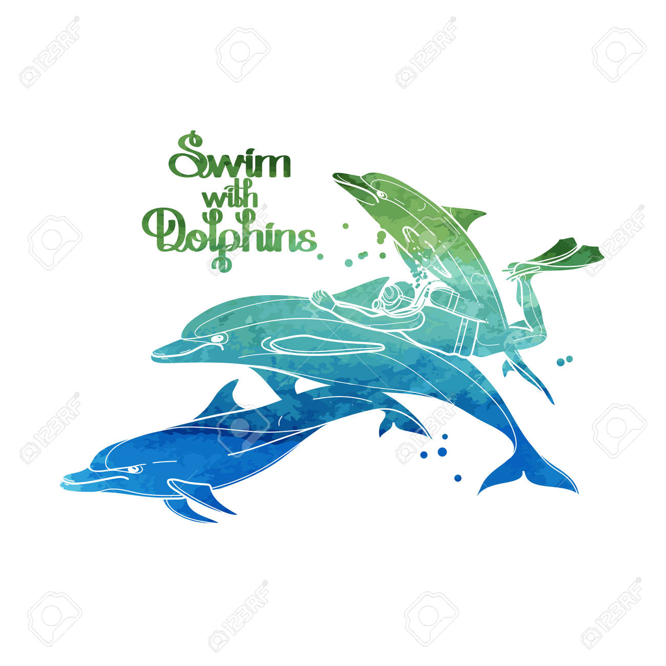イルカに乗ってグラフィックとスキューバ ダイバー 夏の水中活動 海と海洋ベクトル生き物 Inblue と緑 水彩テクスチャ分離ベクトル アートのイラスト素材 ベクタ Image
