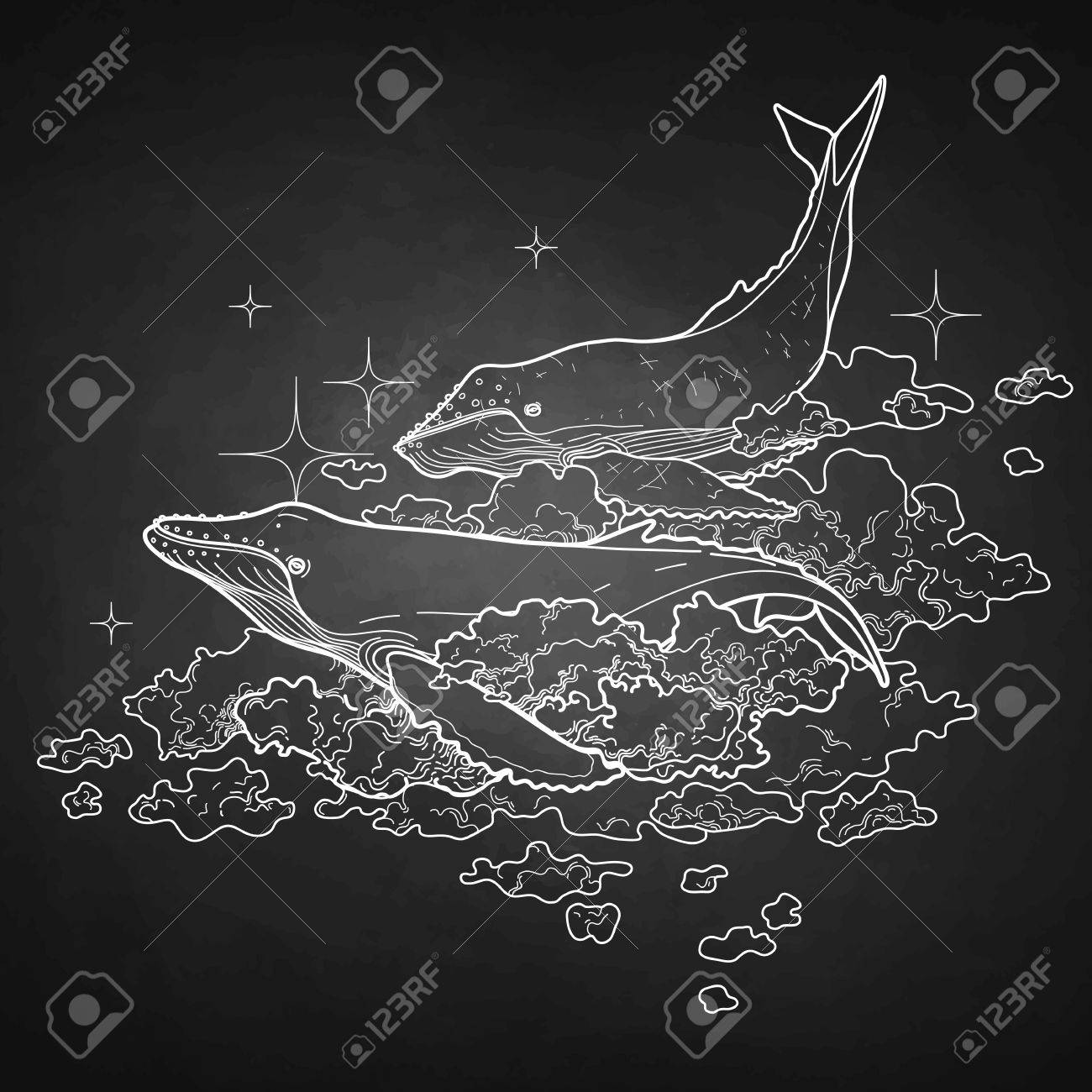 グラフィックのクジラが空を飛んでいます 海と海の生き物が黒板上で分離します 黒と白の色のベクトル ファンタジーアート のイラスト素材 ベクタ Image