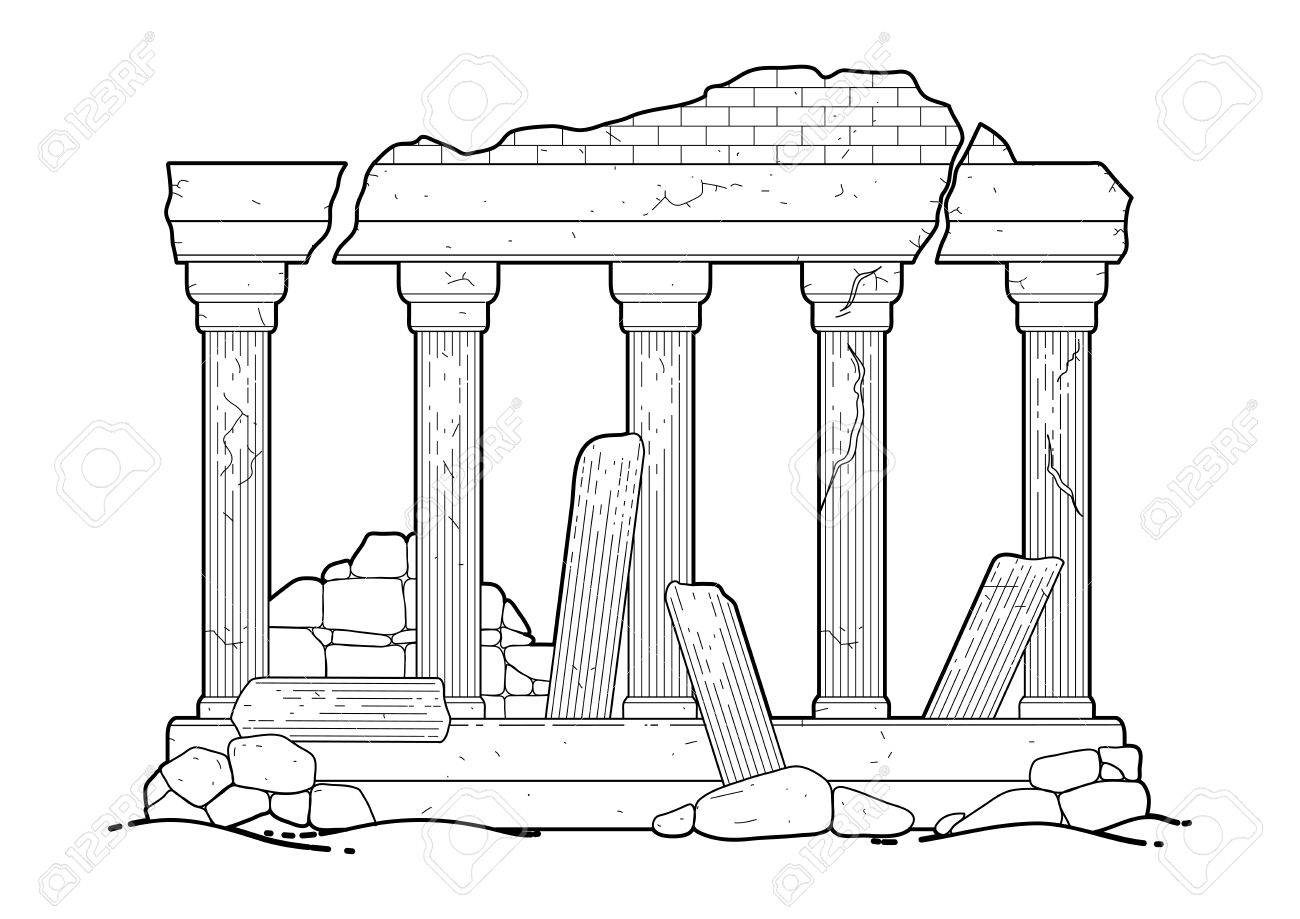 architecture graphique semi ruinee avec la colonne dessinee dans le style de l art en ligne batiment ancien isole sur fond blanc couleurs noires creation pages coloriage pour adultes et enfants iron man jakarta