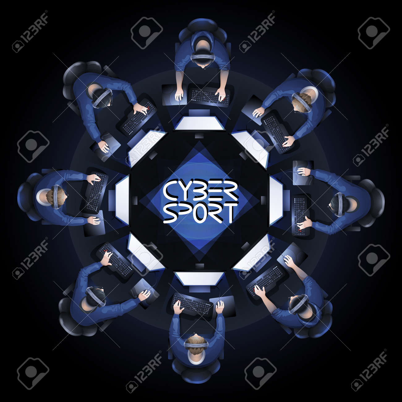 9 ゲームのプレイヤーは ラウンド テーブルのコンピューターの前に座っています 平面図です サイバー スポーツ大会の参加者をベクトルのイラスト素材 ベクタ Image