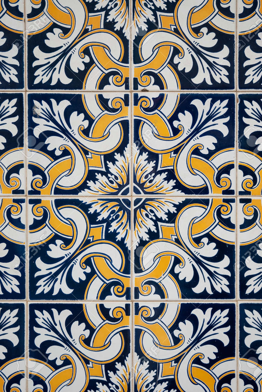 Traditional Spanish Ceramic Tiles In Yellow, White And Blue Stock ... Traditional Spanish Ceramic Tiles In Yellow, White And Blue Stock ...