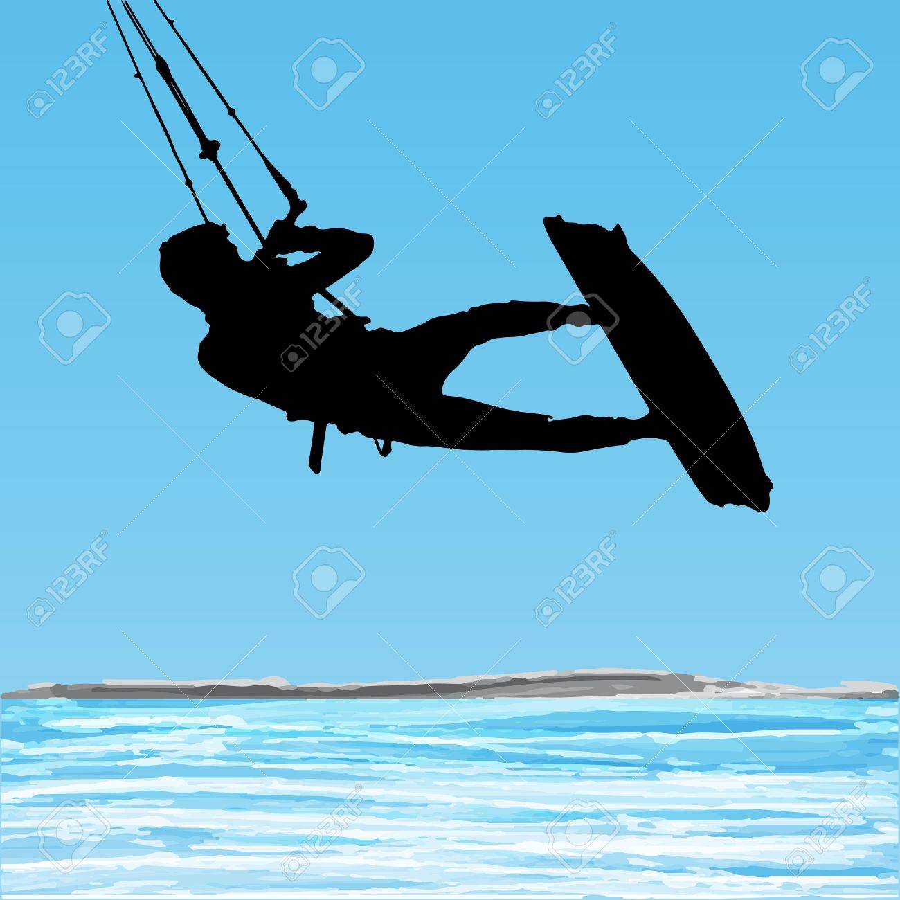 Kiteboarder aerial jump silhouette on a water and blue sky background. - 20209031 Kiteboarder aerial jump silhouette on a water and blue sky background. - 20209031
