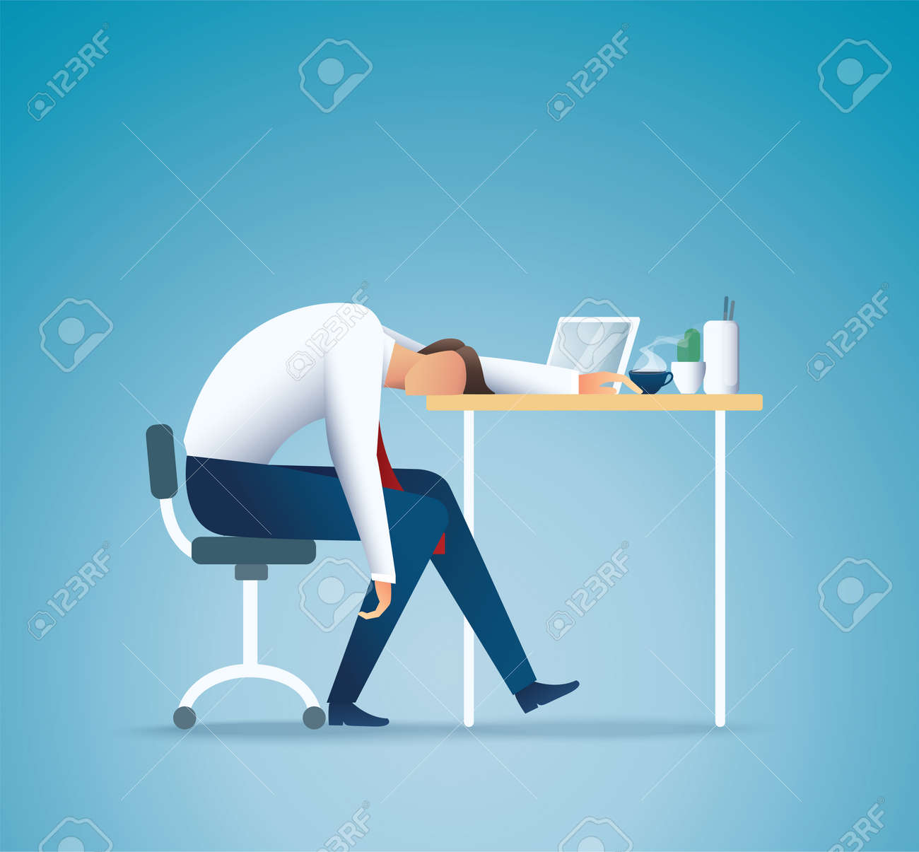 Sleeping at work. Tired business man. overworking concept vector illustration EPS10 - 131458487 Sleeping at work. Tired business man. overworking concept vector illustration EPS10 - 131458487