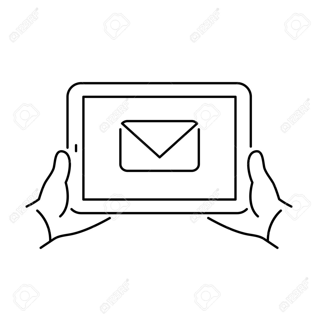 タッチ スクリーン上のメール封筒ピクトグラムとベクトルの線形タブレット アイコン フラットなデザイン黒の細い線モダンなイラストや白い背景で隔離のインフォ グラフィック の写真素材 画像素材 Image
