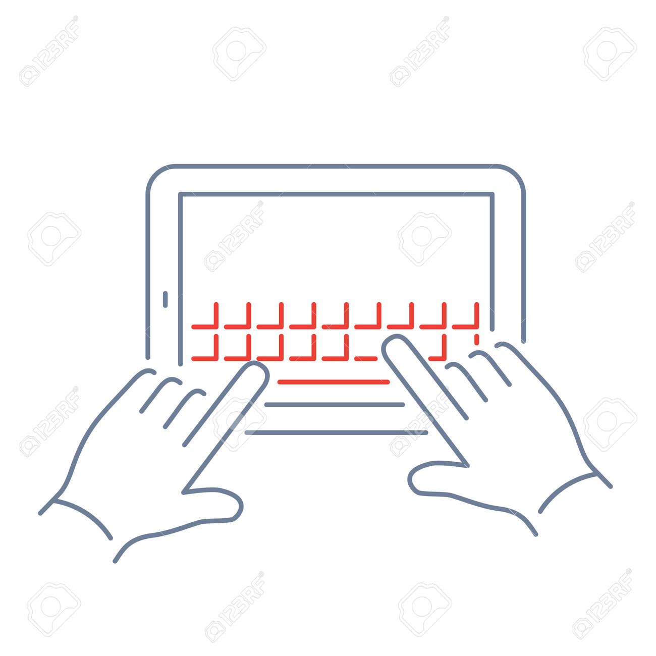 Vecteur Tablette Linéaire Icône Avec Les Deux Mains à écrire Sur L écran Tactile Avec Les Doigts Geste Plat Conception Mince Ligne Bleue Et Rouge Illustration Moderne Et Infographie Isolé Sur Fond