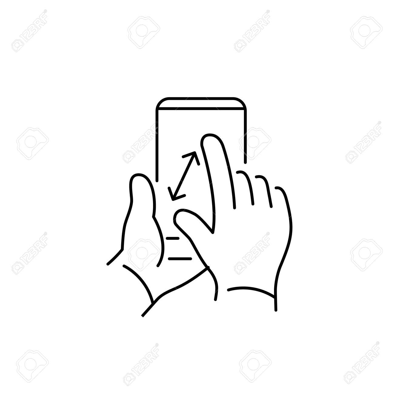 ピンチとベクトルの線形電話や技術アイコン スマート フォン タッチ スクリーン上の 2 本の指でジェスチャーのズーム フラットなデザインの細い線モダンな黒イラストや白い背景の上のインフォ グラフィックのイラスト素材 ベクタ Image
