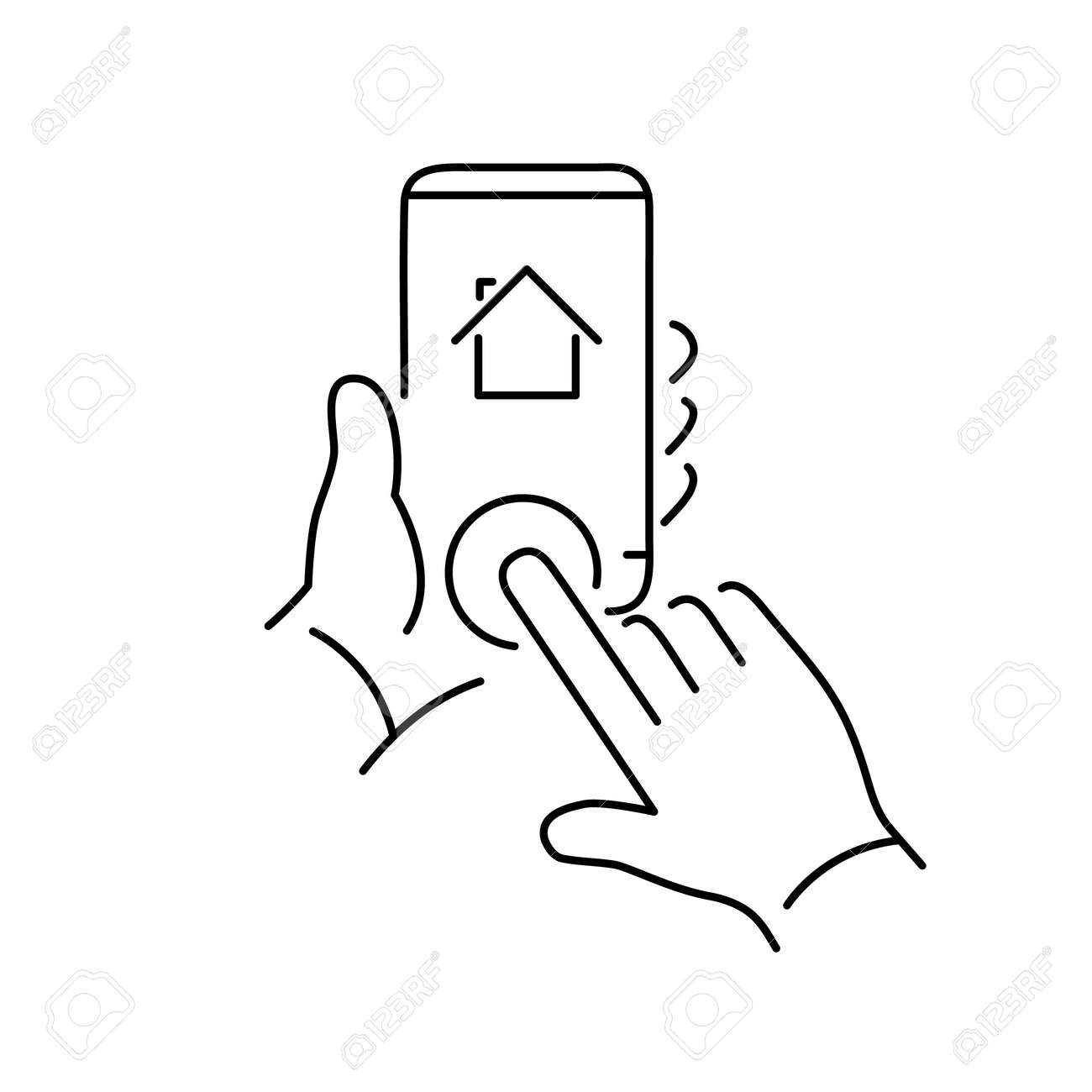 スマート フォン ホーム ボタンをタップの手でのベクトルの線形の電話や技術のアイコン フラットなデザインの細い線モダンな黒イラストや白い背景の上のインフォ グラフィックのイラスト素材 ベクタ Image