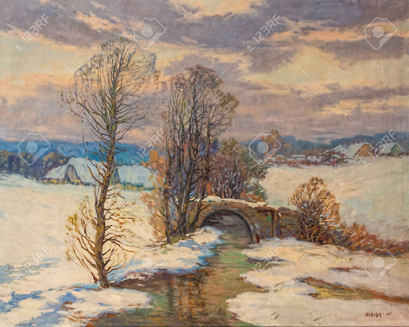 Old oil painting of rural winter landscape with traditional Czech village and a small brook by Czech painter Hlavsa from 1925 - 128379522 Old oil painting of rural winter landscape with traditional Czech village and a small brook by Czech painter Hlavsa from 1925 - 128379522